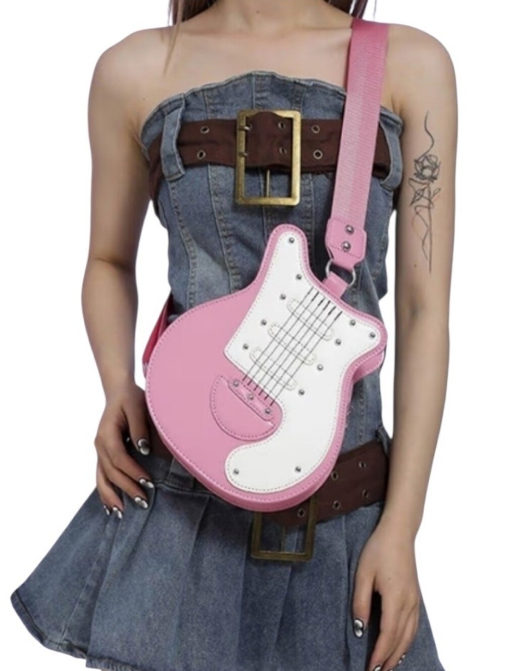 Guitar Shaped Shoulder Bag Women Y2K Trendy Adjustable Wide‎ Strap Crossbody Bag
